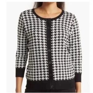 Adrianna Papell Houndstooth Cardigan Sweater Size XL Black and White Minimalist